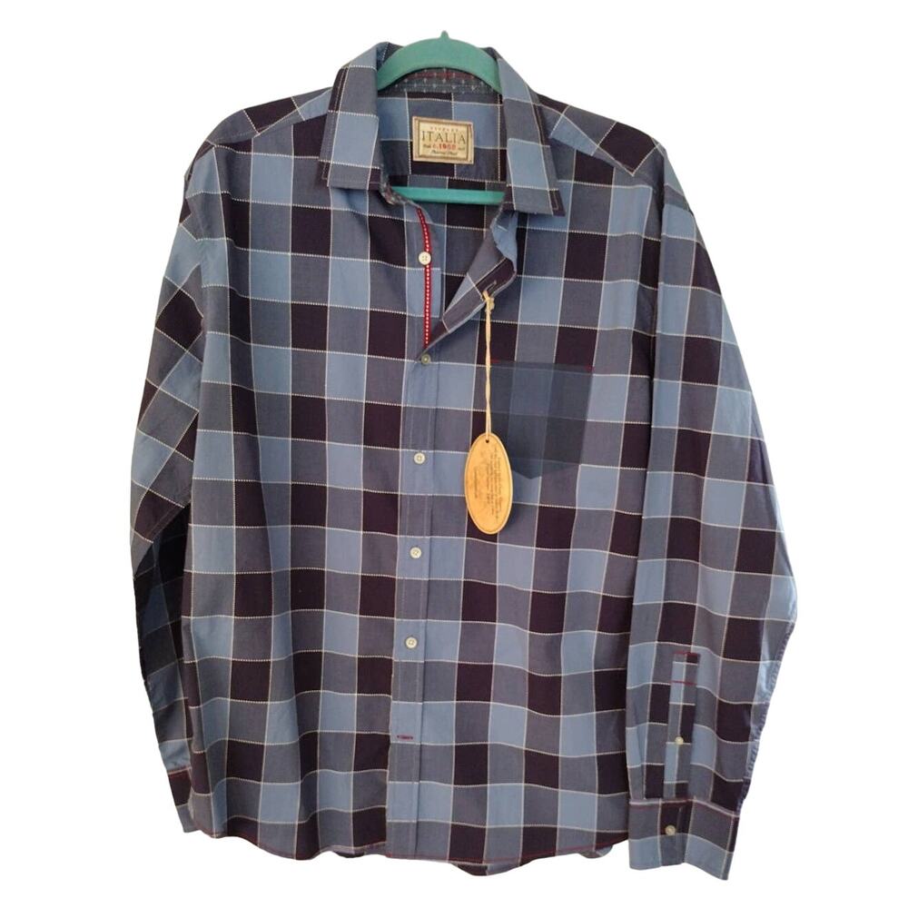 Vintage Italia Men's Size EXtra Large Blue Buffalo Plaid Shirt Long Sleeve